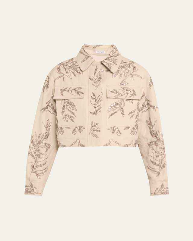 Herbarium Paillette Embroidered Canvas Crop Shirt Jacket